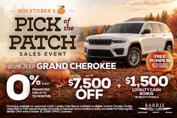 2026 Jeep Grand Cherokee 0% Financing For Up To 72 Months O.A.C.* OR Up To $7,500 Off + $1,500 Loyalty Cash Bonus On Select Models FREE Pumpkin With Every Test Drive!